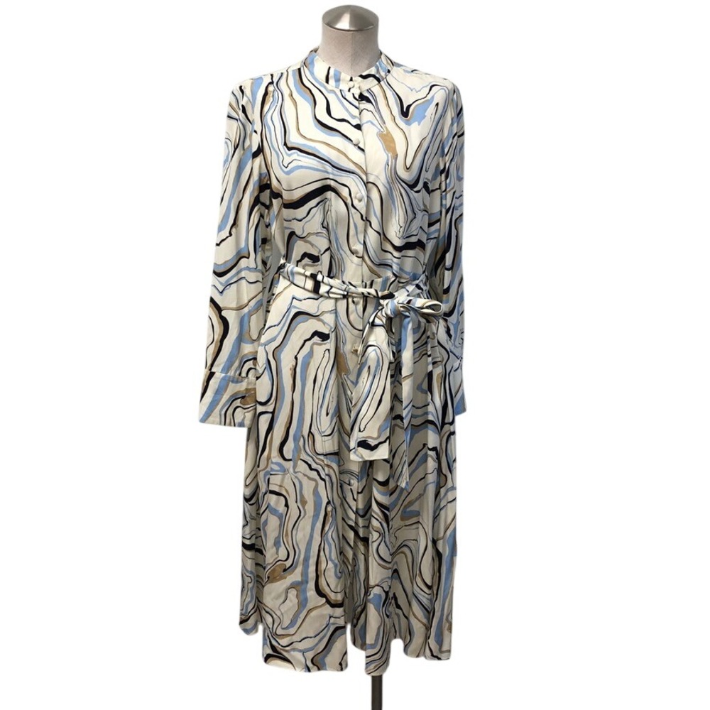 Chinti‎ & Parker Shirt Dress Womens 6 Blue Tan Marble Swirl Viscose Midi Belted